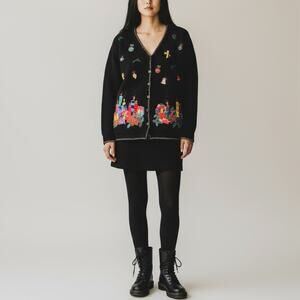 Vintage Quacker Factory Christmas Embroidered Cardigan Santa & Mrs. Claus Size M